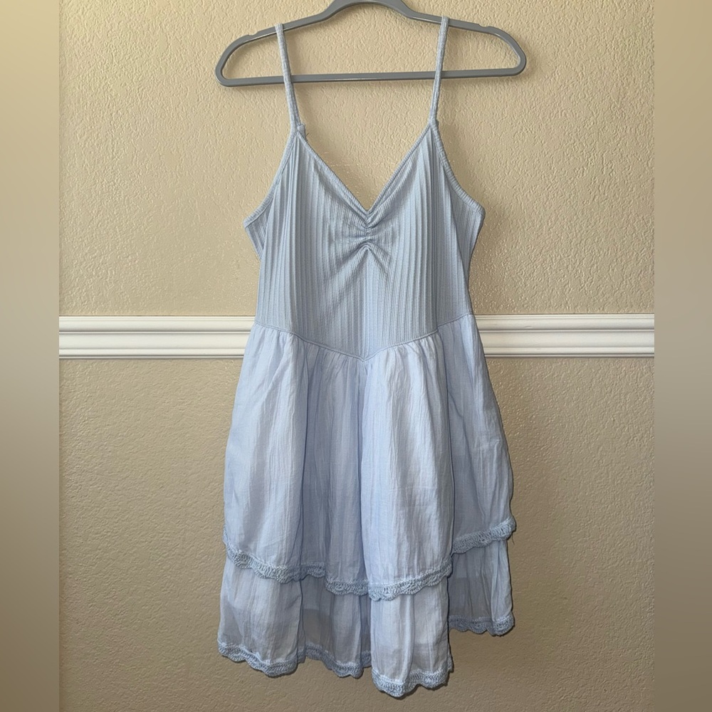 Aerie V Waist Cotton Mini Dress Light Blue Large
